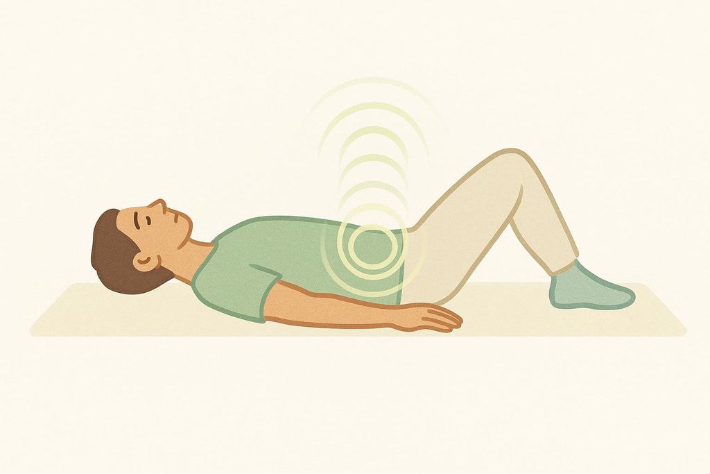 Illustration of tremor sensations, depicted as radiating light green circles, originating from the pelvis and traveling upwards along the spine of a person lying on their back with knees bent and feet flat on the floor.