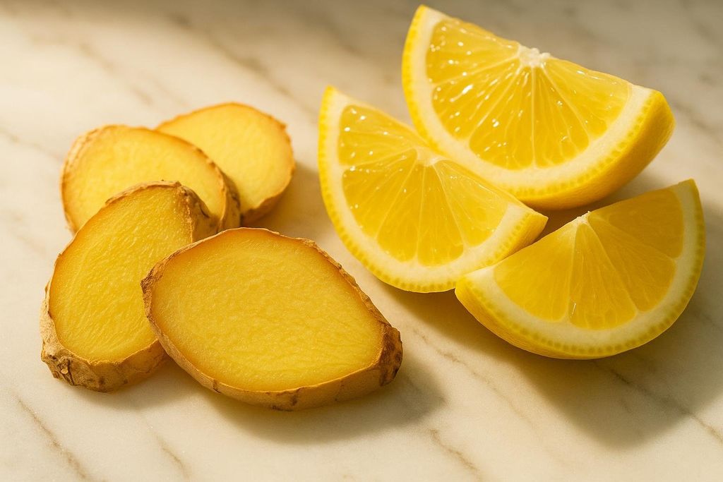 Close up photo of sliced ginger and lemon