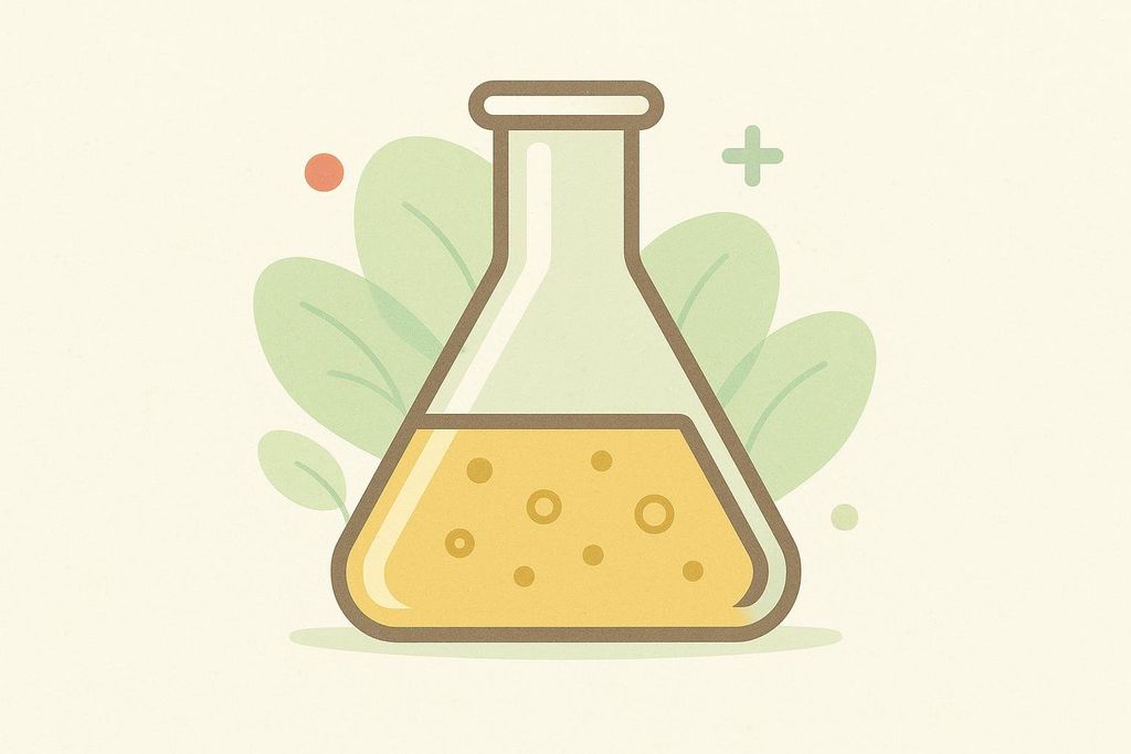 An illustration of a conical lab flask containing yellow liquid with bubbles, set against a background of green leaves and small dots.