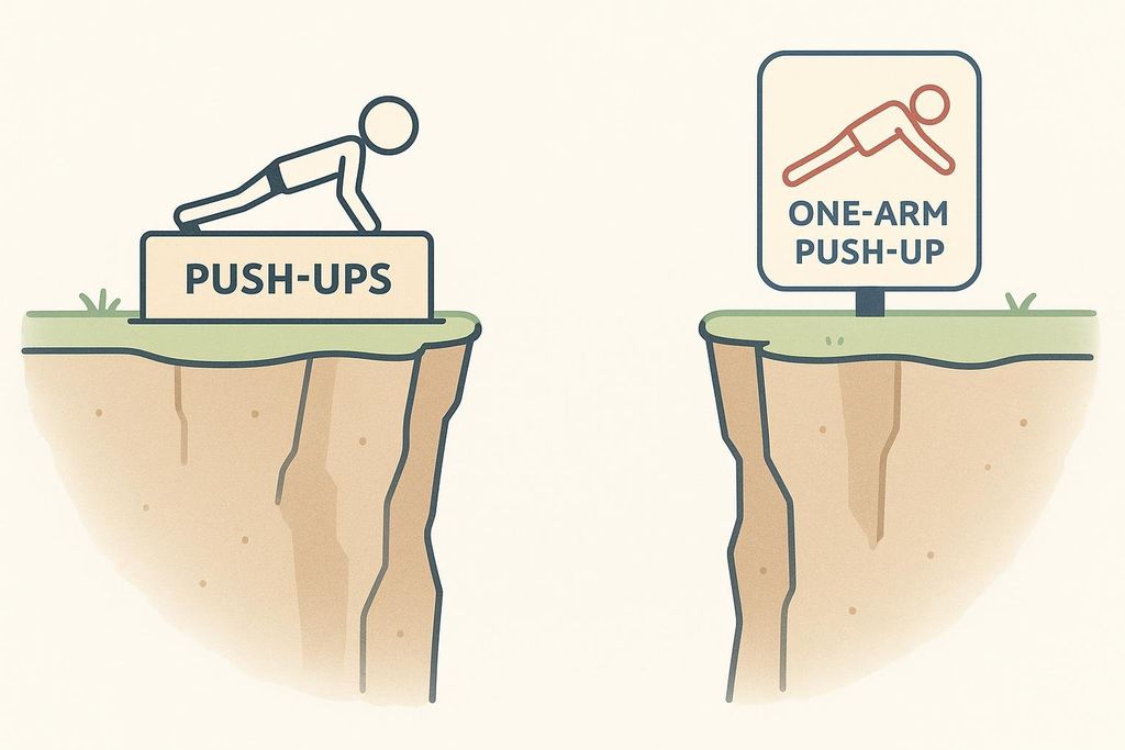 Illustration showing a wide gap between two cliffs. On the left cliff, a stick figure performs a standard push-up with a sign reading 'PUSH-UPS'. On the right cliff, a sign reads 'ONE-ARM PUSH-UP' with a stick figure performing the exercise, symbolizing the significant challenge in calisthenics progression.