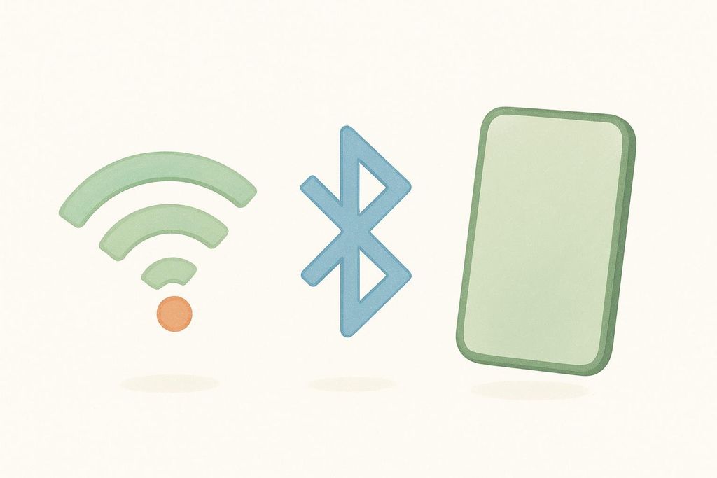 Illustration of Wi-Fi, Bluetooth, and smartphone icons.