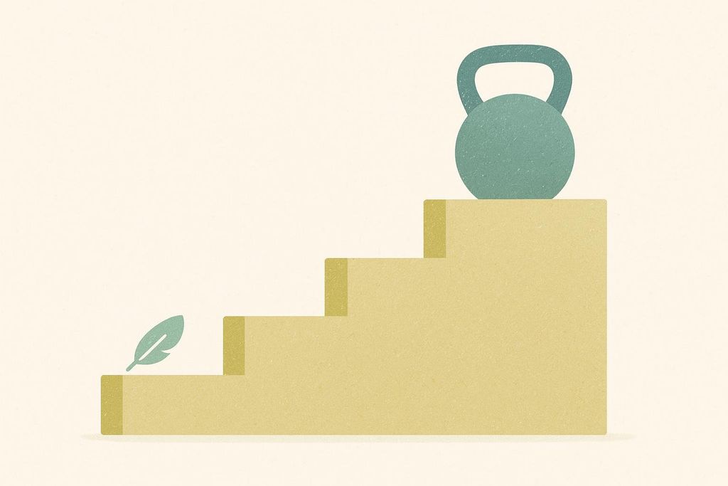 An illustration depicting a four-step staircase. On the first step is a green feather, symbolizing lightness or ease. At the top of the fourth step rests a heavy green kettlebell, representing strength or a challenging goal. This visual metaphor suggests a progression from easy to difficult in a training plan.