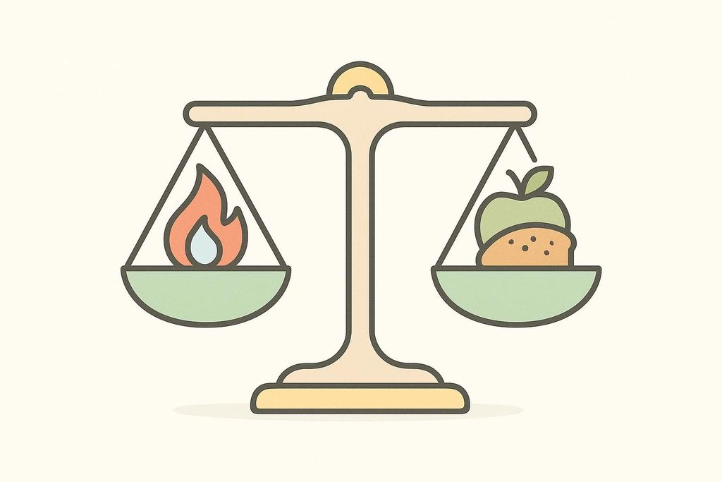 An illustration of a balance scale where the right side, representing food intake with an apple and a piece of bread, is lower than the left side, representing energy expenditure with a flame icon. This visually depicts a caloric surplus.