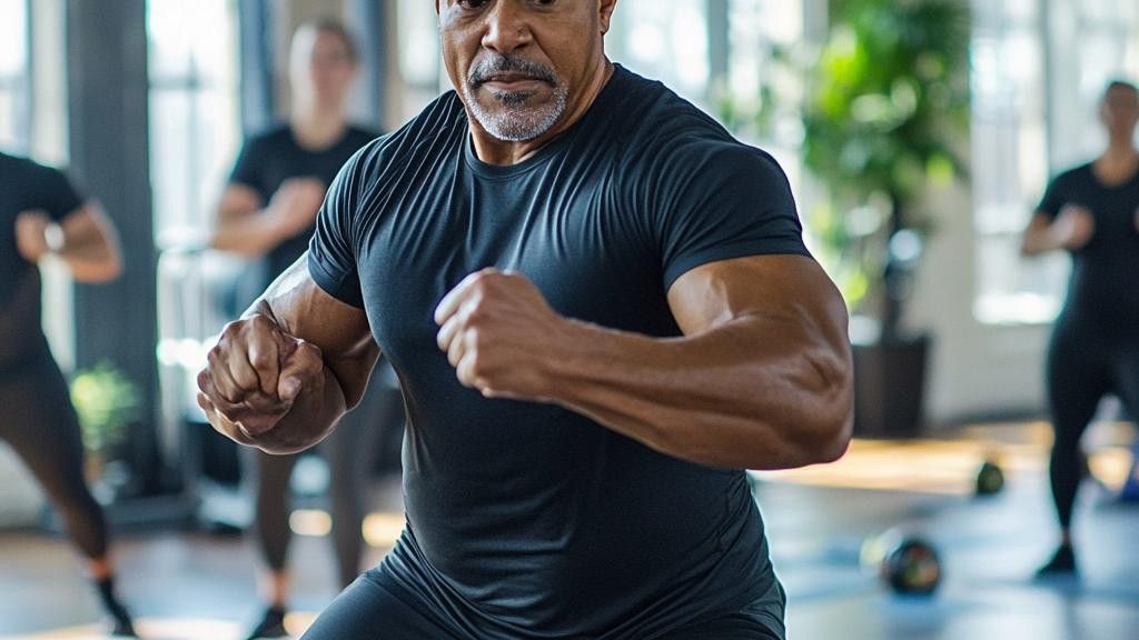 A muscular, middle-aged man with a gray goatee participates in a kickboxing class. He is wearing a black t-shirt and throwing a punch. Other people are visible but out of focus.