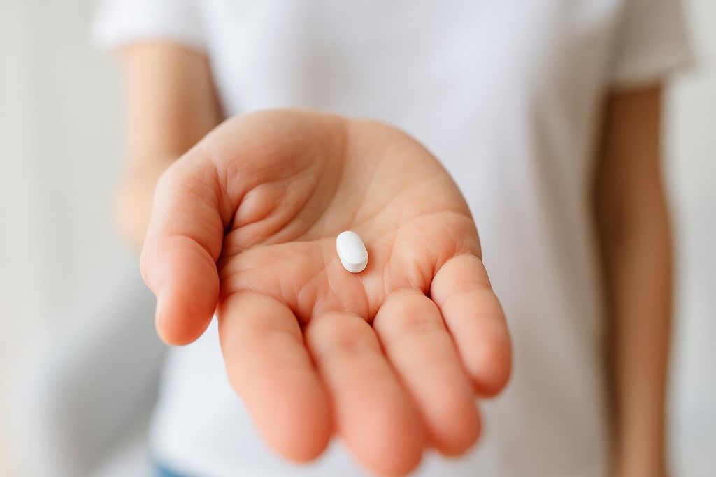 A white, oval-shaped pill rests in the palm of a person's outstretched hand, wearing a white t-shirt in the blurry background.