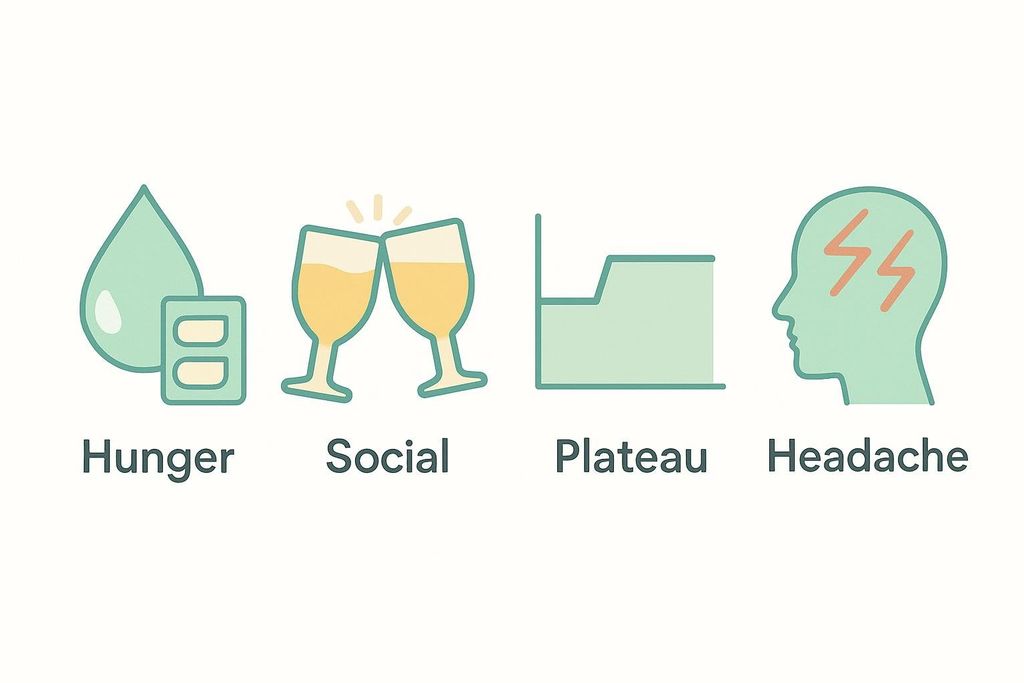 Icons labeled Hunger, Social, Plateau, and Headache illustrating common ADF challenges and solutions.