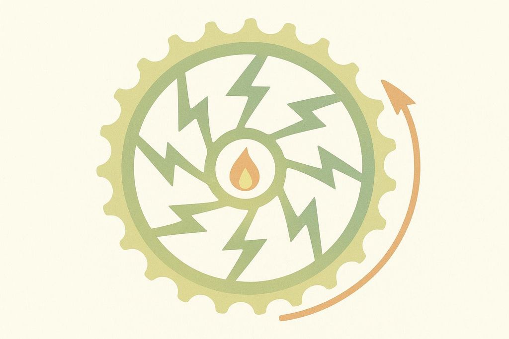 An abstract illustration of a gear with lightning bolt shapes as spokes, a flame in the center, and a curved arrow indicating rotation, symbolizing cyclical bodily energy use.