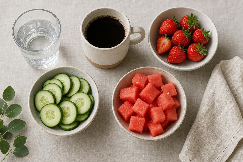 Overhead view of a glass of water, a mug of black coffee, and three bowls containing sliced cucumbers, whole and halved strawberries, and cubed watermelon, all arranged on a light linen tablecloth with a eucalyptus branch.