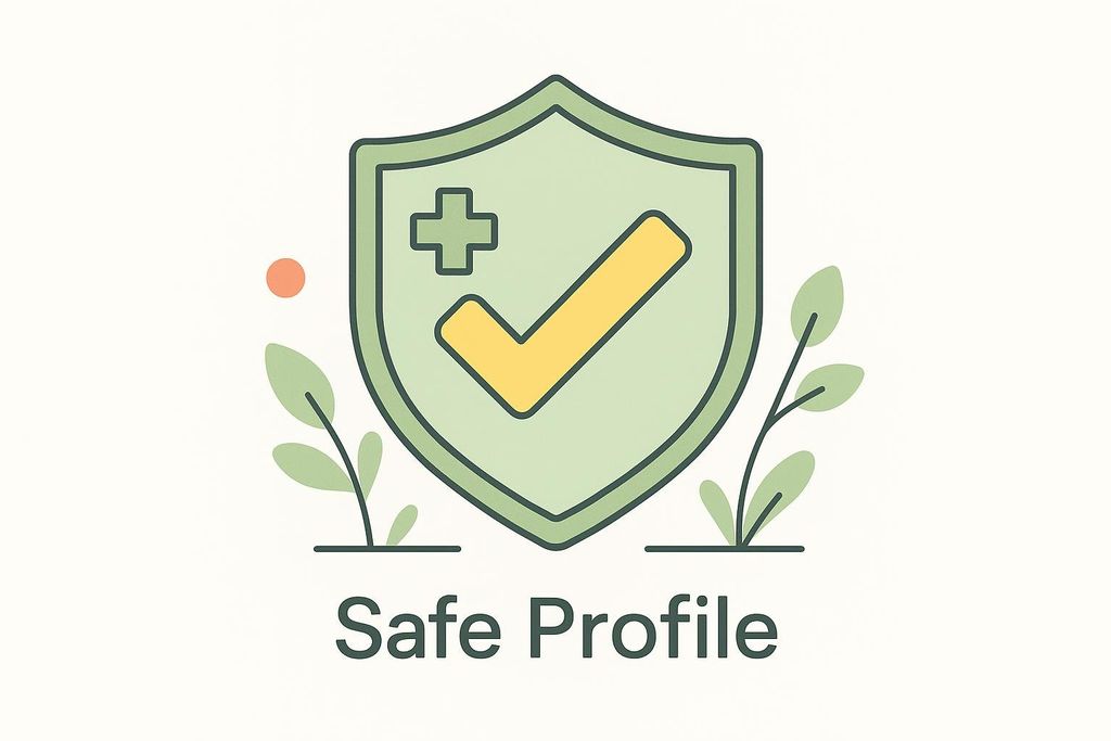 An illustration featuring a light green shield icon with a yellow checkmark and a light green medical cross symbol. Below the shield, the words 'Safe Profile' are written in dark green. Green leafy branches sprout from either side of the shield, and a small orange circle is in the top left.