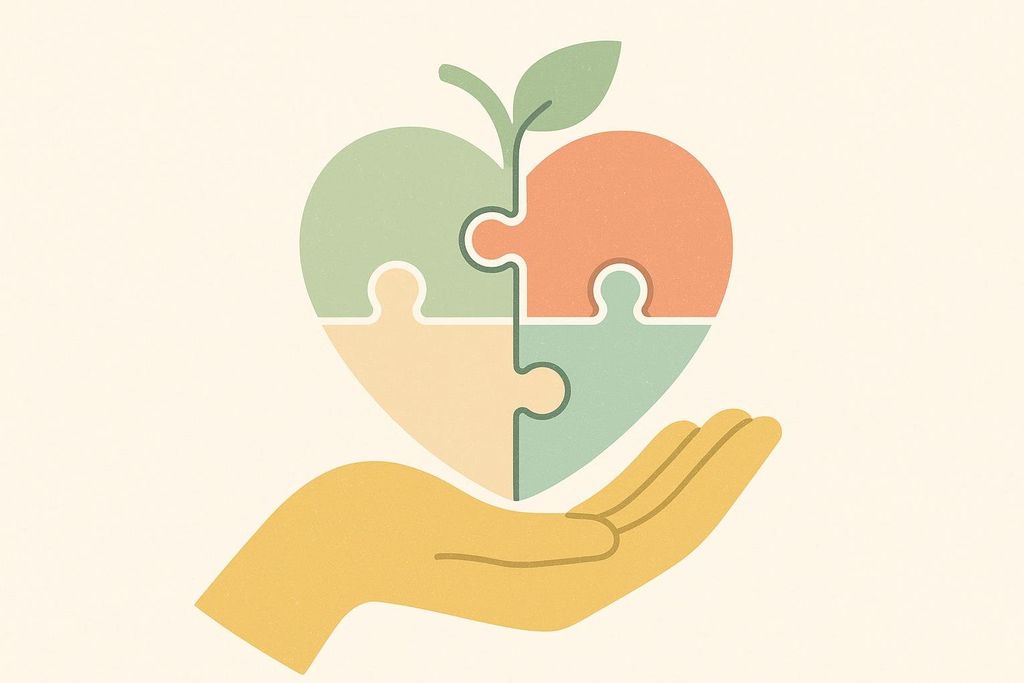 A stylized illustration of a hand holding an apple-shaped heart made of four pastel-colored puzzle pieces. The top left piece is light green with a stem and leaf, the top right is light orange, the bottom left is light beige, and the bottom right is light teal.