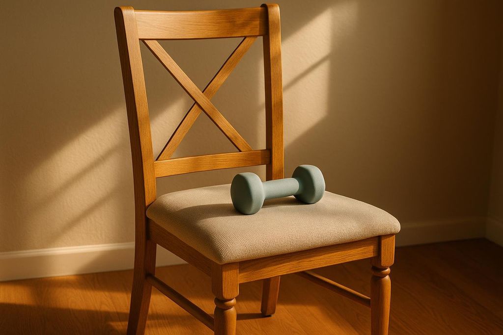 A light green dumbbell rests on the cushioned seat of a light wooden dining chair. Sunlight casts shadows across the beige wall behind the chair.