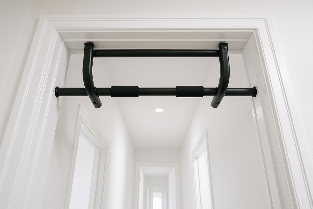 A black metal doorway pull-up bar with foam grips, mounted in the white frame of a doorway, leading to a white hallway.