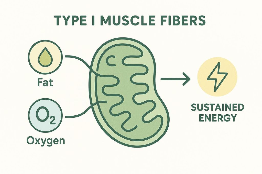 A simplified diagram illustrating how Type I muscle fibers produce sustained energy. Fat and Oxygen (O2) enter a mitochondrion, which then produces sustained energy, represented by a lightning bolt icon.