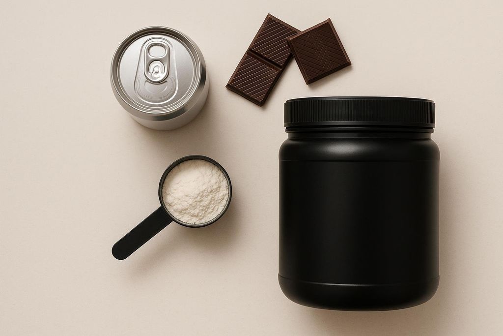 An overhead view of a silver soda can, two squares of dark chocolate with patterned tops, a black scoop filled with white powder, and a black cylindrical container with a ribbed lid on a light beige background. These items represent common products containing caffeine.