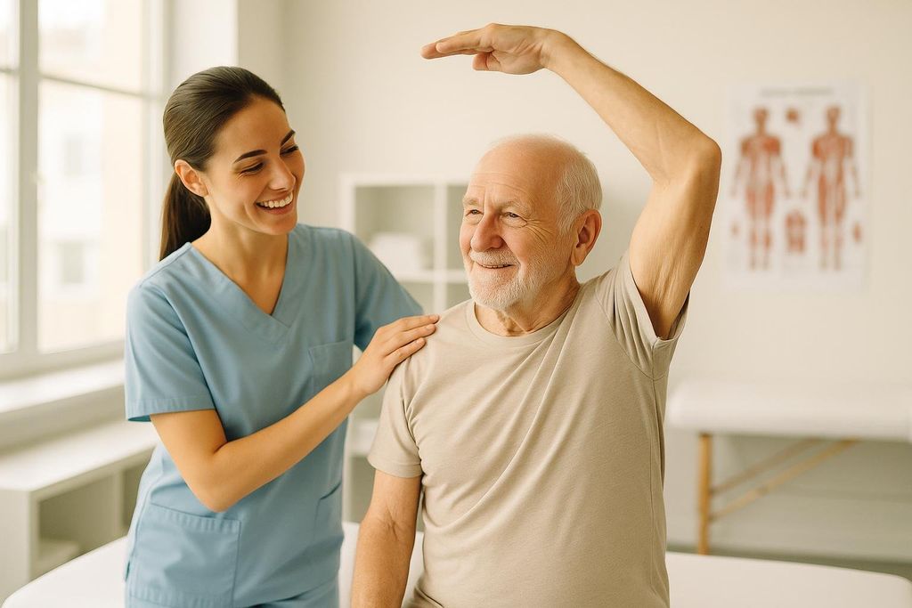A smiling physical therapist in blue scrubs gently assists an elderly male patient with grey hair and beard, whose arm is raised above his head in an exercise. The therapist's hand rests on the patient's shoulder, and both are smiling in a bright, clean clinical setting.