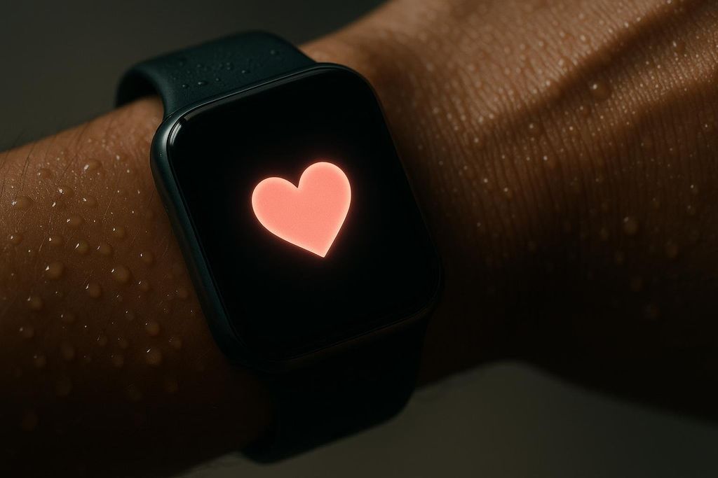 A close-up of a person's sweaty wrist wearing a dark-colored smartwatch. The smartwatch screen displays a glowing red heart icon, indicating heart rate monitoring. The skin around the watch is covered in small droplets of sweat.