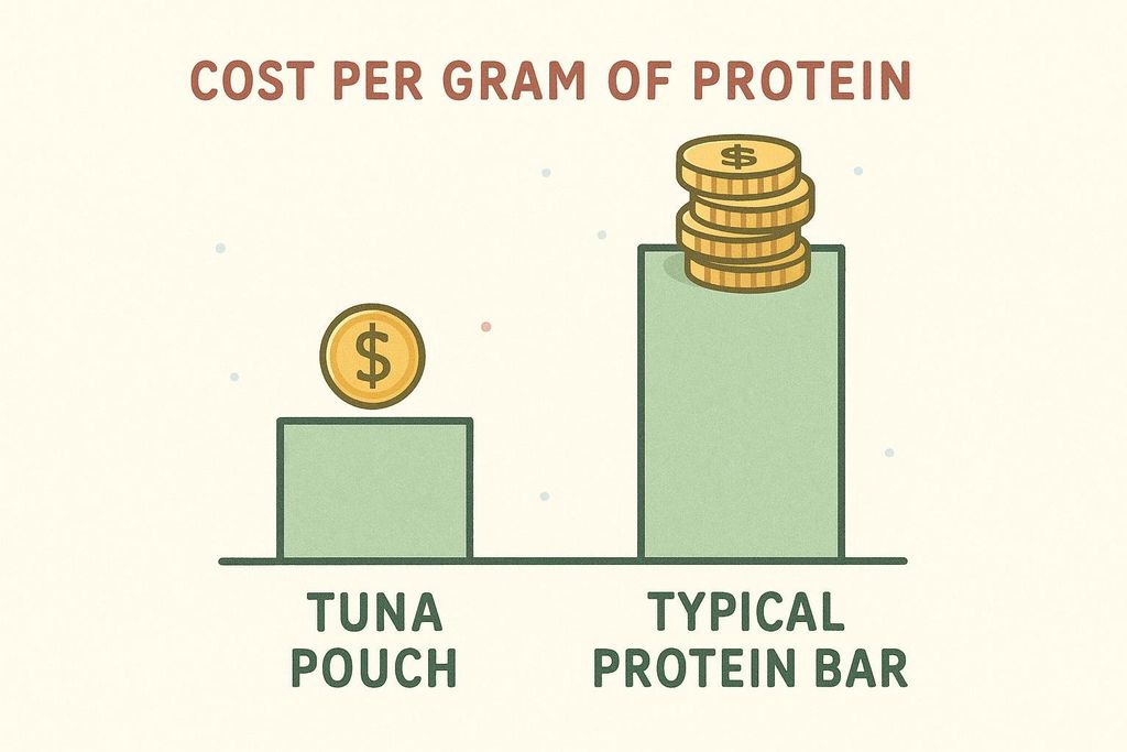 A bar graph showing the cost per gram of protein. The bar for a tuna pouch is significantly lower, depicted by one coin, while the bar for a typical protein bar is higher, depicted by a stack of four coins.