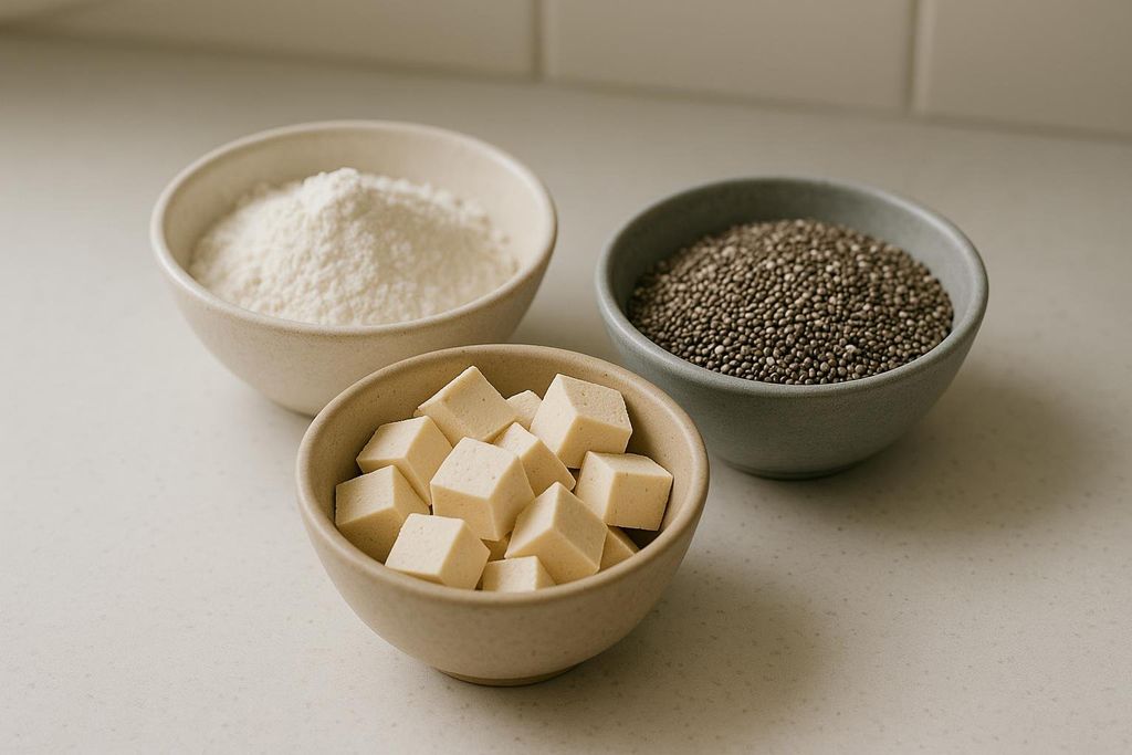 Three small bowls containing high-protein ingredients: white powder (flour or protein powder), cubed tofu, and chia seeds.