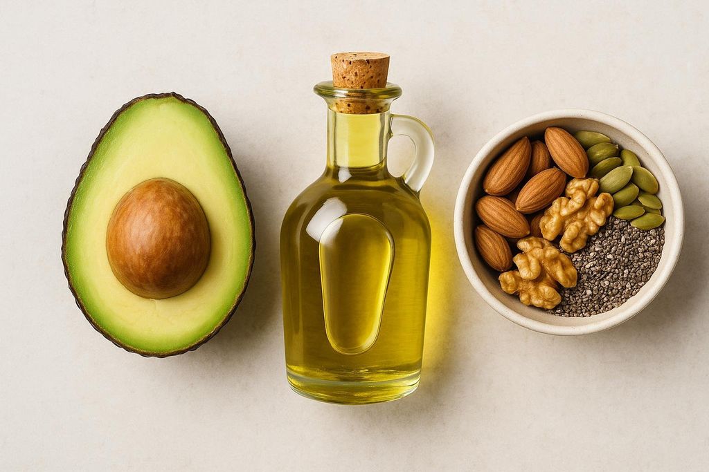 An overhead shot of healthy fats for a PCOS diet: a halved avocado, a bottle of olive oil, and a bowl containing almonds, walnuts, pumpkin seeds, and chia seeds.