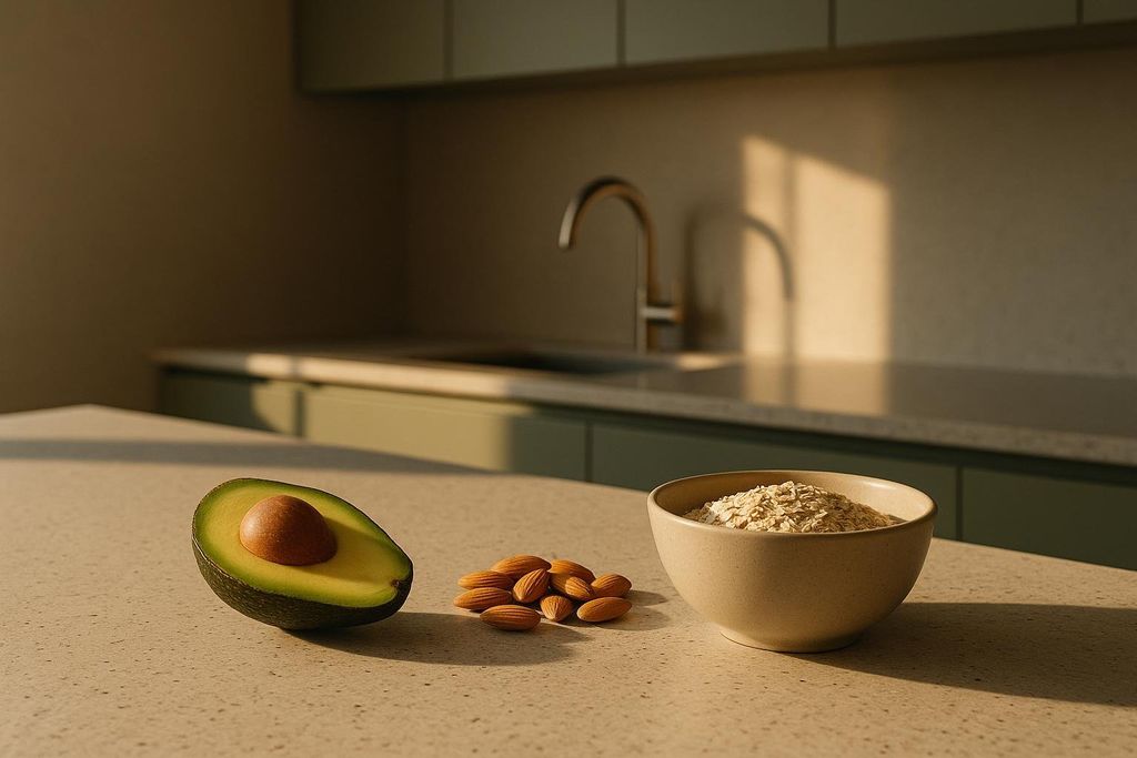 Avocado, almonds, and oats representing healthy macro sources