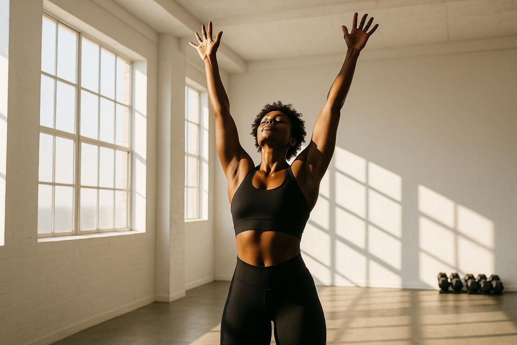 A fit woman with dark curly hair and dark skin, wearing a black sports bra and black leggings, stretches her arms upwards with her eyes closed in a brightly lit gym. Sunbeams stream through large windows, creating dramatic shadows on the white walls.