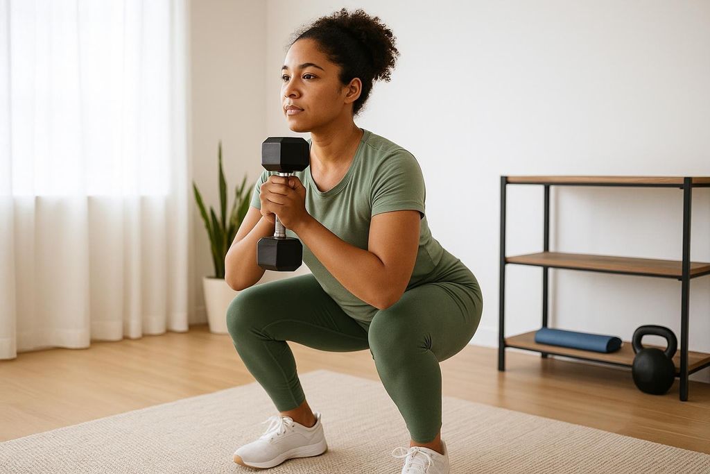 A woman in a green outfit is performing a squat while holding a dumbbell in front of her chest. She is in a bright room with a window and a shelf in the background.