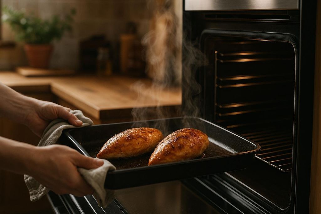 A person, wearing a light-colored kitchen towel for protection, carefully removes a black baking tray holding two perfectly roasted chicken breasts from a modern oven. Steam rises from the golden-brown chicken, indicating it's fresh and hot. The oven door is ajar, revealing the warm interior, and a blurred kitchen counter with a potted plant is visible in the background.