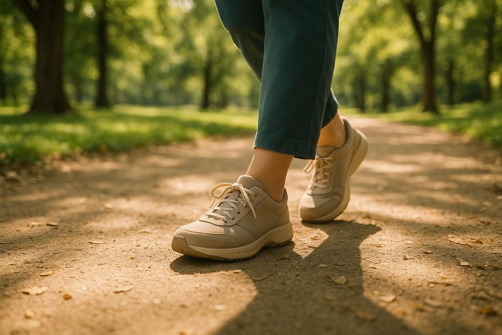 A person's feet, clad in light brown athletic shoes, take steps along a sun-dappled dirt path in a park. Green trees and grass are visible in the soft-focus background.