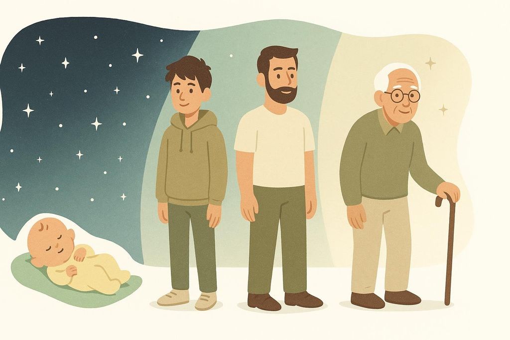 An illustration showing how sleep needs change with age. A baby sleeps under a starry night sky, then a teenager stands next to a fading night sky, followed by an adult in a brighter scene, and finally a senior with a cane in a fully bright, daytime setting. This progression suggests the changing nature of sleep patterns throughout life stages.