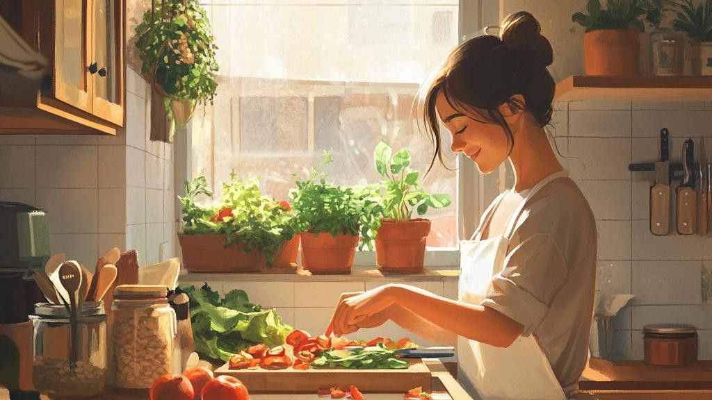 An illustration of a woman smiling while chopping vegetables on a cutting board in a sunlit kitchen. Plants are on the windowsill and kitchen counter.