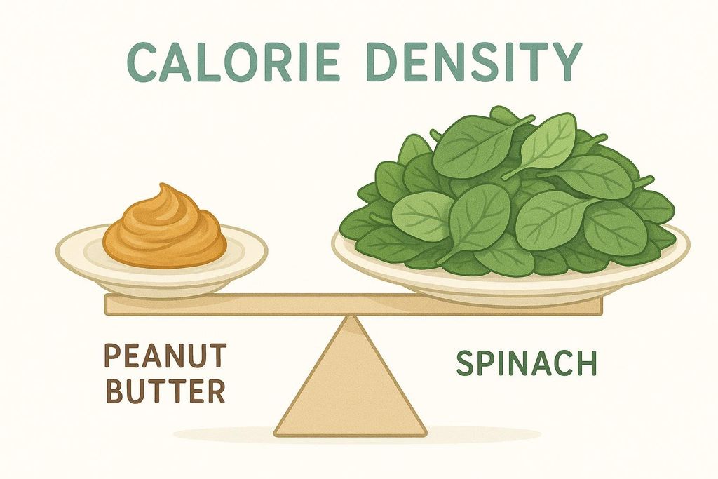 An infographic illustrating calorie density, showing a small portion of peanut butter balancing a large portion of spinach on a scale, implying they have similar caloric content. Text above reads 'Calorie Density', and text below the scale reads 'Peanut Butter' and 'Spinach'.