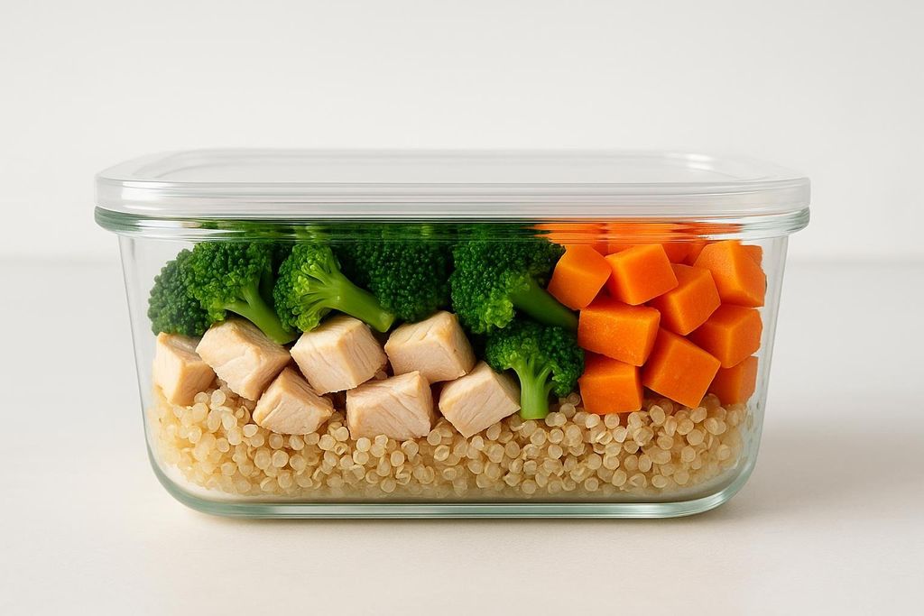 A sealed glass meal prep container filled with layers of cooked quinoa, cubed chicken, broccoli florets, and diced carrots, neatly arranged for a healthy meal.