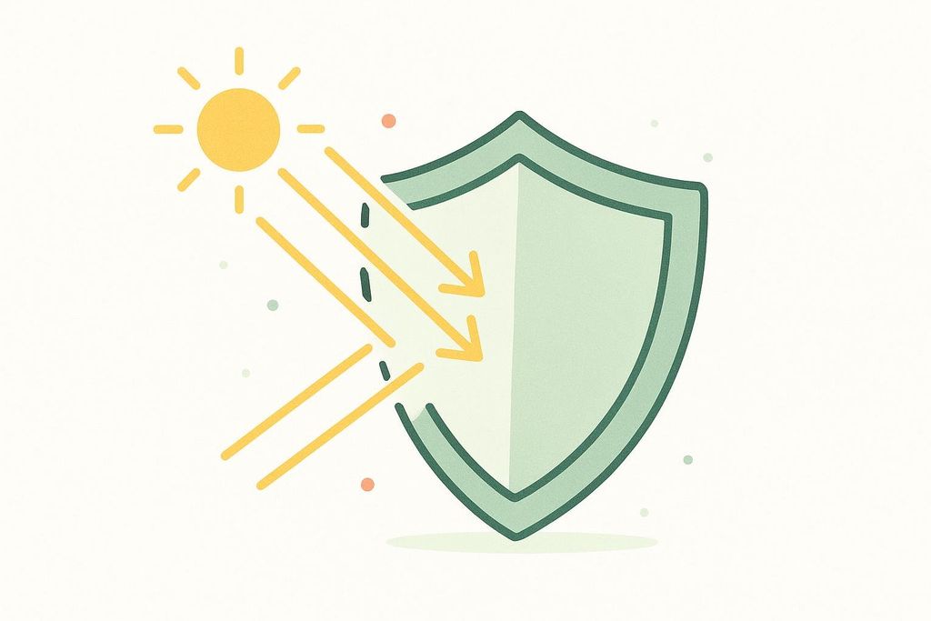 An abstract illustration depicting a yellow sun emitting rays that are deflected by a light green shield, symbolizing the protective power of daily SPF or UV protection.
