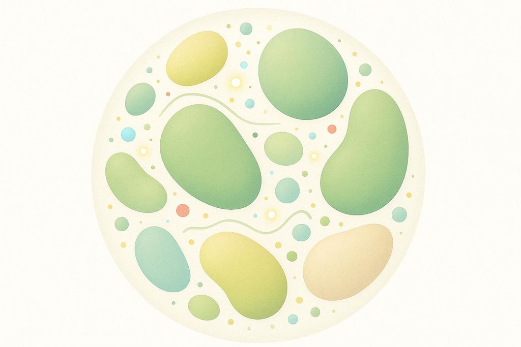 A stylized abstract depiction of gut microbiome bacteria floating together harmoniously.