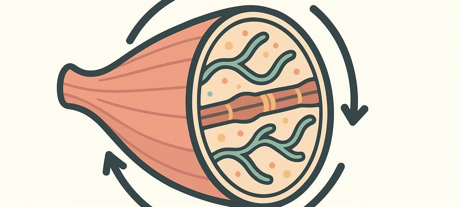 An illustration of a muscle fiber shown in a cross-section, with arrows circling around it to represent growth and repair processes.