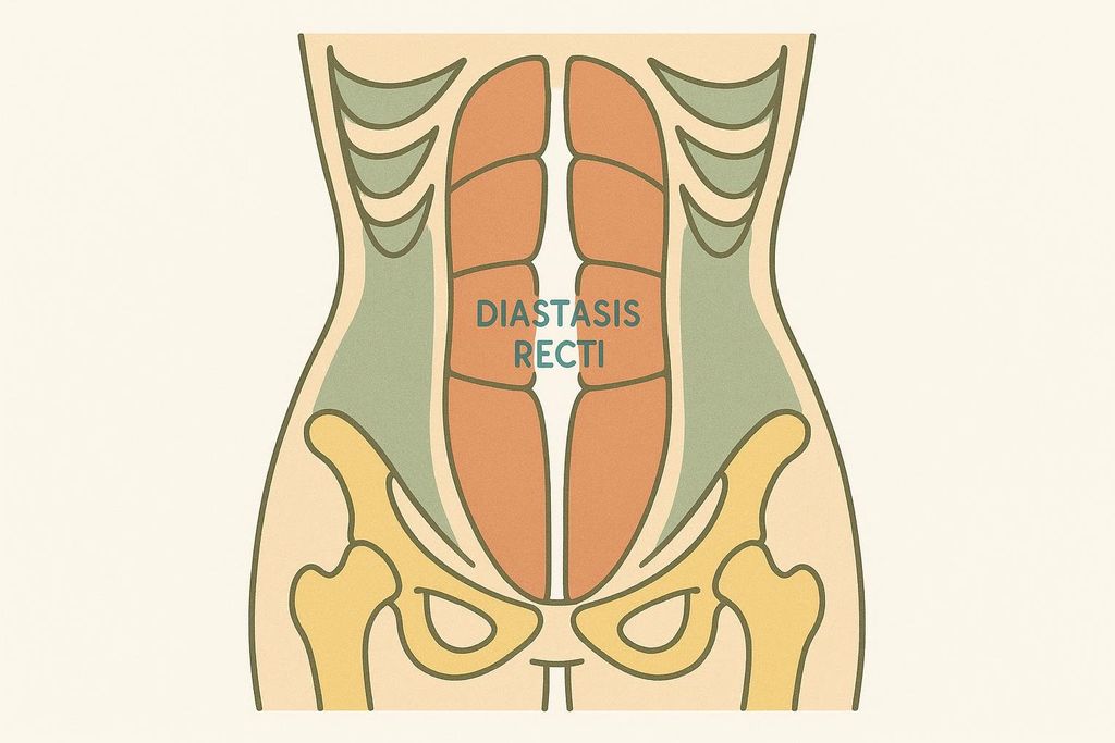 A simplified anatomical diagram showing the abdominal muscles. The central rectus abdominis muscles are separated vertically, indicating 'Diastasis Recti' written across them. The diagram highlights the typical appearance of this condition with the muscle groups represented in orange and green, and the pelvic bones in yellow.