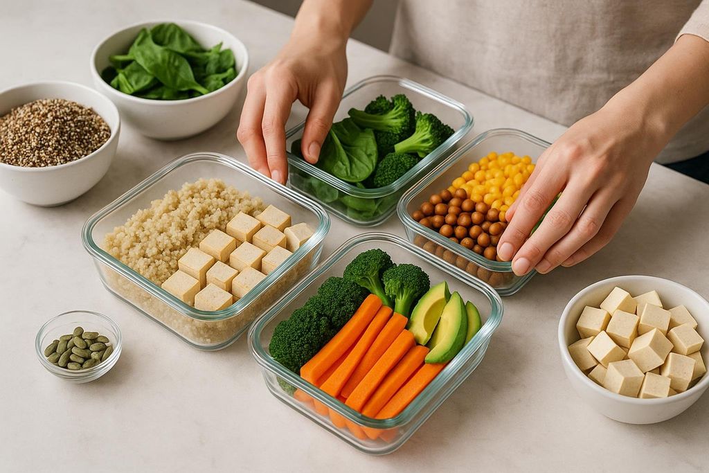 A person's hands arranging various vegan meal prep containers filled with quinoa, tofu, broccoli, spinach, carrots, avocado, and colorful lentil puffs on a marble countertop.
