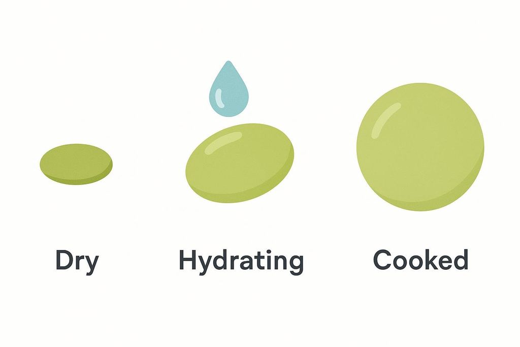 A vector diagram illustrating the hydration and expansion of a lentil. It shows three lentils: 'Dry' as a small, flat oval; 'Hydrating' as a larger, more rounded oval with a water droplet above it; and 'Cooked' as a large, perfectly round lentil.