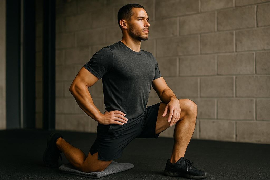 A man with dark hair and a beard wearing a dark grey t-shirt and black shorts performs a half-kneeling hip flexor stretch on a dark gym floor. He is looking to the right with his hands on his hips. A grey brick wall is in the background.