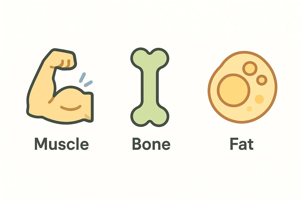 Three icons representing muscle, bone, and fat. The muscle icon is a flexed bicep, the bone icon is a light green bone, and the fat icon is a yellow blob with circles inside.