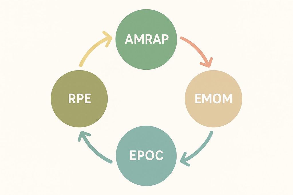 A circular diagram illustrating the interconnectedness of four fitness acronyms: AMRAP (As Many Rounds As Possible), EMOM (Every Minute On the Minute), EPOC (Excess Post-exercise Oxygen Consumption), and RPE (Rate of Perceived Exertion).