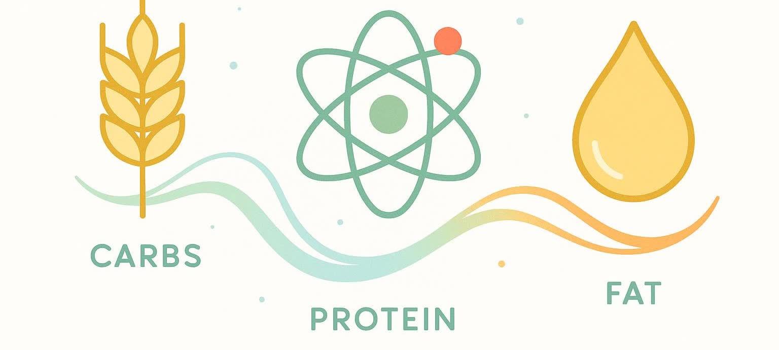 An illustration of three icons for carbs (a wheat stalk), protein (an atom), and fat (a droplet of oil), connected by a curving, colorful line to show how they work together to provide energy.