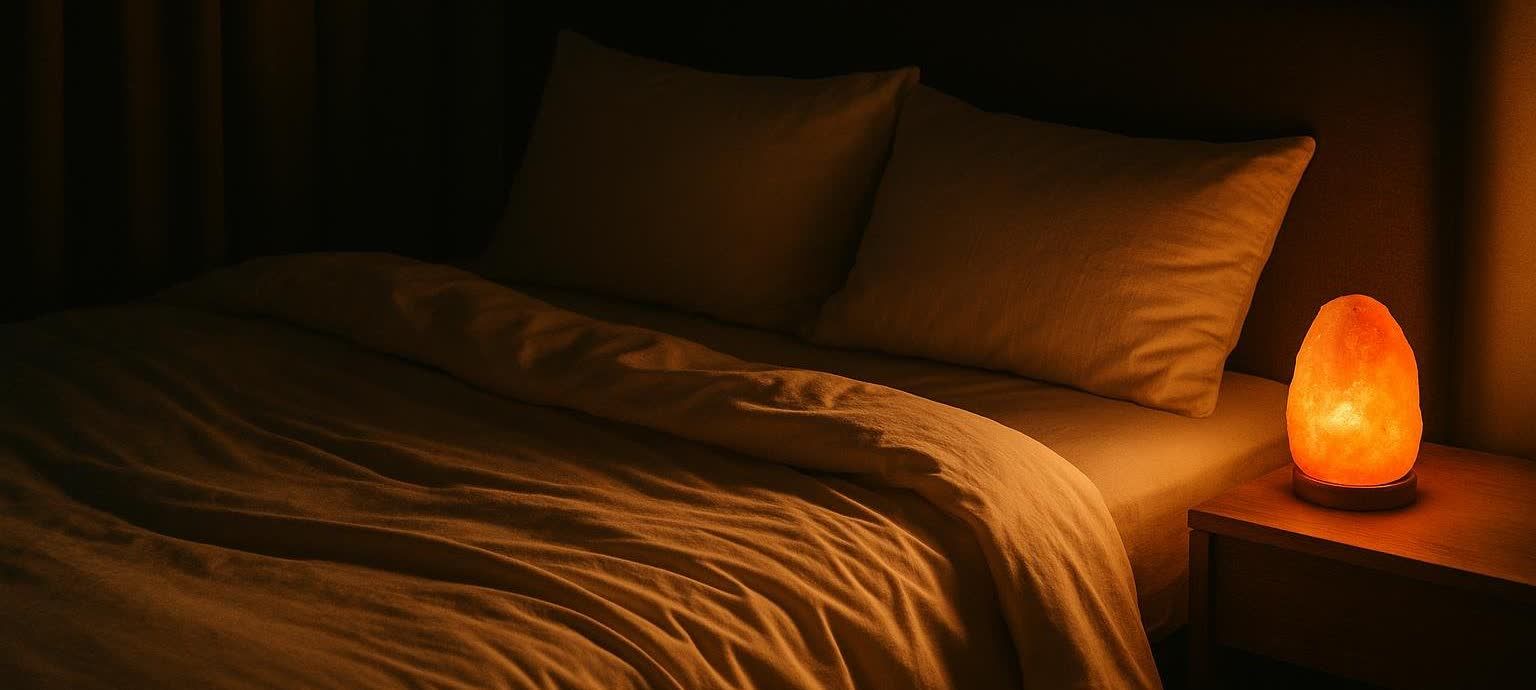 A softly lit, serene bedroom at night with a glowing orange Himalayan salt lamp on a wooden nightstand beside a bed with light brown bedding and pillows. The lamp casts a warm, inviting glow on the bed.