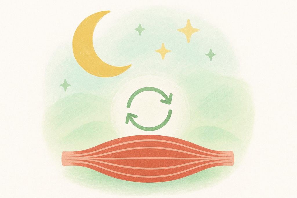 Illustration showing a moon and stars above a muscle with recycling arrows, symbolizing muscle recovery during sleep.