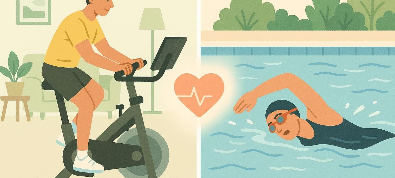 An illustration showing that low-impact cardio like cycling and swimming both benefit heart health. On the left, a person is on a stationary bike, and on the right, a person is swimming laps. A stylized heart with a pulse line floats between them, connecting the two activities.
