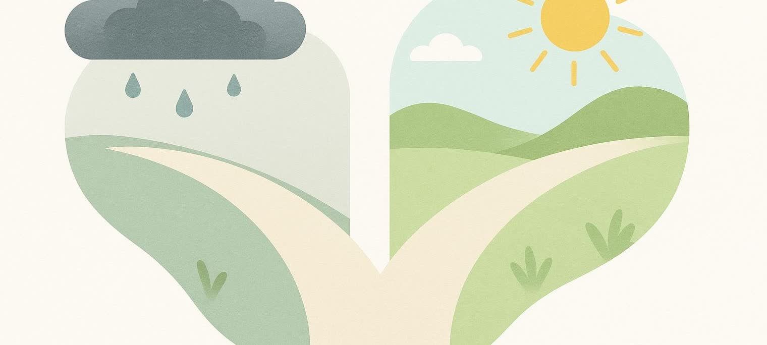 Illustration of a fork in the road. On the left, one path leads to a rainy cloud, symbolizing negative health choices. On the right, the other path leads to a sunny day with green hills, symbolizing positive health choices.