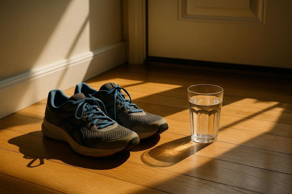 A pair of grey and blue running shoes sit next to a glass of water on a wooden floor near a white door. Sunlight casts shadows across the floor.