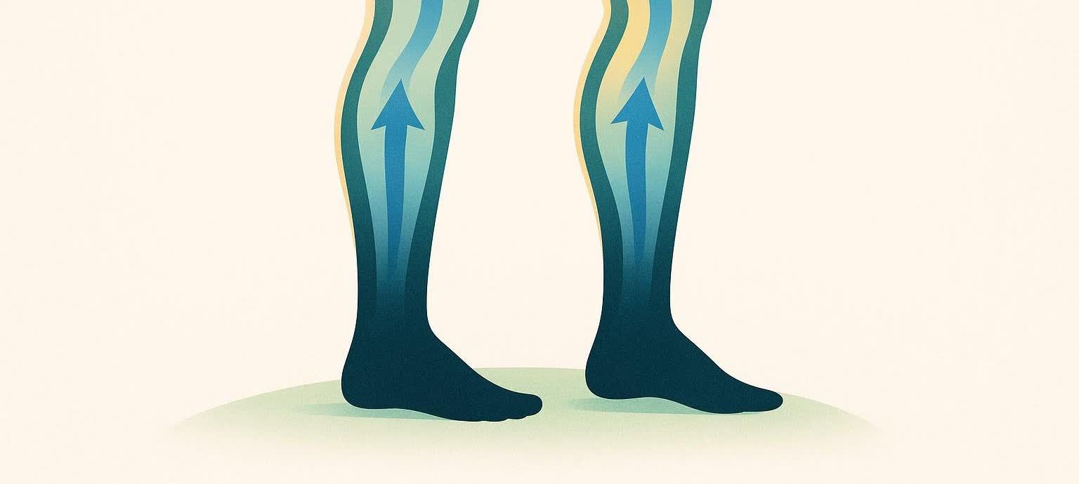 An illustration showing two legs with internal arrows indicating the upward flow of blood, representing circulation from the feet towards the heart.