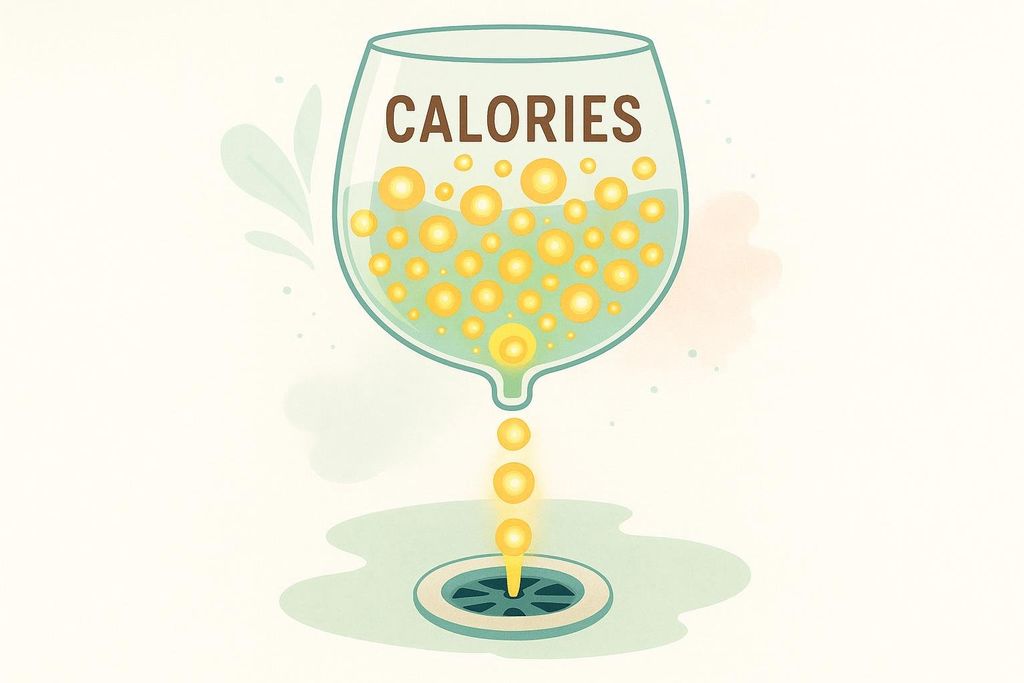 An illustration showing a wine glass labeled 'CALORIES' with numerous glowing yellow orbs, representing calories. The liquid and orbs are draining from the bottom of the glass into a sink drain, symbolizing calorie reduction or savings, possibly from reducing alcohol intake.