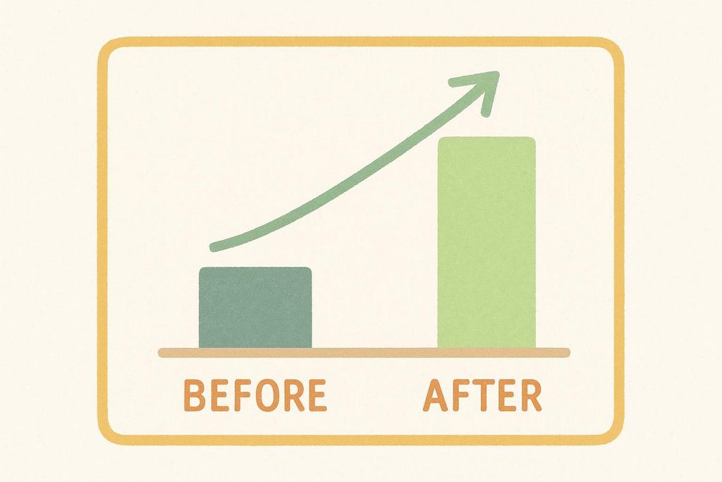 Stylized bar chart showing positive improvement from a low bar labeled Before to a much higher bar labeled After, with an upward green arrow showing the trend.